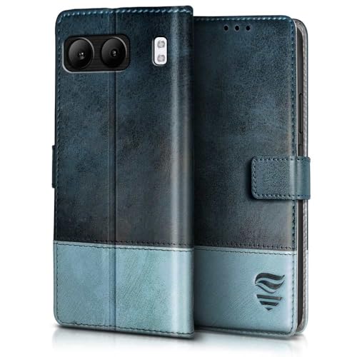 Image of FLIPPED Vegan Leather Flip Case Back Cover for 1+ OnePlus Nord 4 5G (Flexible, Shock Proof | Hand Stitched Leather Finish | Card Pockets Wallet & Stand | Blue with Aquamarine)