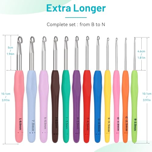 Image of Coopay Crochet Hooks Set with Case, 12 Size Ergonomic Crochet Needles for Beginner Adult Arthritic Hands, 2mm(B)-8mm(L) Extra Long Knitting Hook for Crocheting Yarn- Great DIY Craft Christmas Gift
