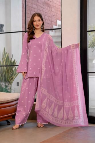 Image of ANNI DESIGNER Farshi Salwar Suit for Women | Cotton Blend Printed Straight Kurta with Dupatta | Farsi Farasi Parsi Ethnic Indian Office Party Wedding Clothing Fashion Premium Traditional Look 3 Piece