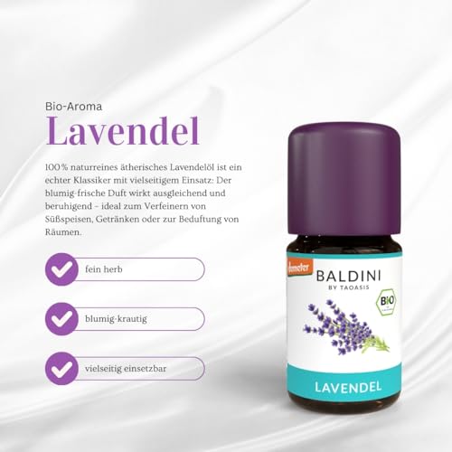 Baldini Bio Lavendelöl 5ml - 100% Naturreines Ätherisches Öl - Lebensmittelqualität - Vegan - für Speisen, Getränke & Aroma Diffuser - aus Italien