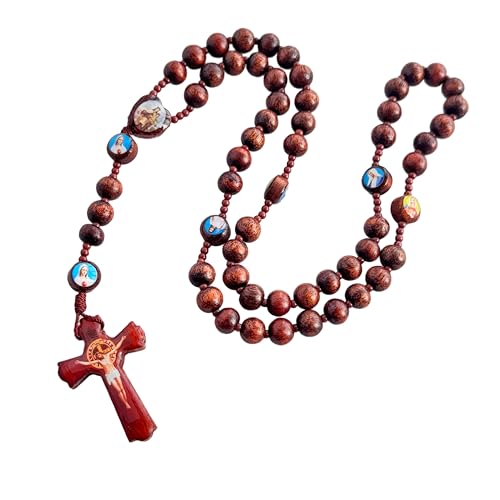 Rosario católico de madera con crucifijo de Jesús artesanal