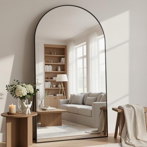 Image of Full Length Mirror, 76 inchx44 inch Arched Floor Mirror Freestanding, Floor Standing Full Body Mirror with Stand for Bedroom, Hanging Mounted for Living Room Cloakroom, Black