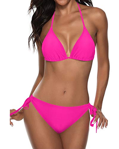Tempt Me Women Hot Pink Two Piece Halter Padded Top Tie Side Bottom Triangle Bikini Bathing Suit L