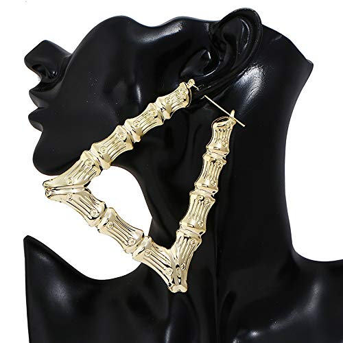 Gold Bamboo Triangle Hollow Hoop Earrings for Women - Big Large Bamboo Hoop Earring (Gold Triangle)3