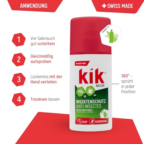 kik NATURE Insektenschutz mit Zitroneneukalyptus 100 ml - Schutz vor Mücken und Zecken, der Mückenschutz ist hautfreundlich und alkoholfrei, Swiss Made