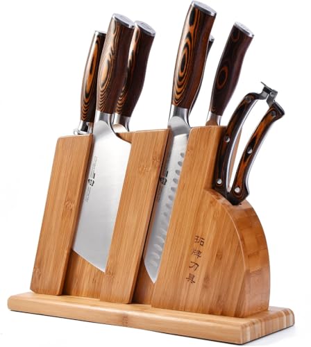 TUO Sharp Knife Set for Kitchen, 8 Piece Wooden Knife Block Set, Forged German Steel with Woodgrain Pakkawood Ergo Handle, Rust Resistant - Fiery Phoenix Series