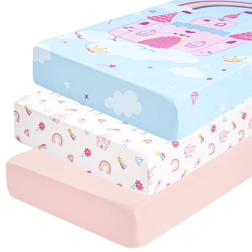 Image of PHF 3 Pack Soft Castle Crib Sheets Fitted, Comfy Breathable Baby Sheets for Girls, 28x52 Inches Fits Standard Crib and Toddler Mattresses, Castle