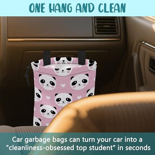 Image of Car Garbage Bag Cute Panda and Heart Drawstring Car Trash Bag Hanging for Back Seat with Adjustable Buckle Canvas Vehicle Trash Can Easy-to-Install