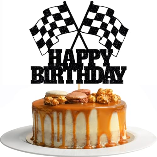 Race Car Cake Topper - Glitter Racing Car Theme Happy Birthday Cake Toppers Checkered Flag Cake Pick for Boys,Kids,Men Baby Shower Birthday Party Cake Decorations Supplies