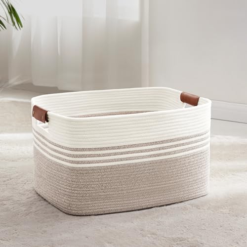 Wäschekorb Geflochten Groß aus Baumwollseil, 60L Aufbewahrungskorb mit Lederhenkeln, Korb für Decken, Kleidung, Spielzeug, Laundry Basket für...