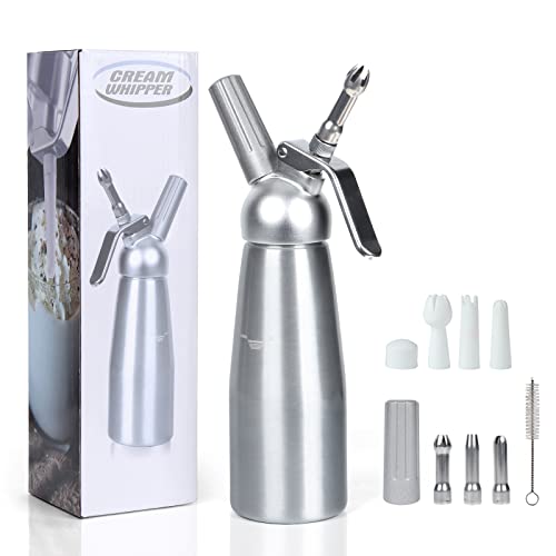 VIGIND Whipped Cream Dispenser 500ml Whipped Cream Charger With Sturdy Aluminum Body And Head,Leak Free,Cream Maker with 2 Sets Decorating Nozzles,Leak Resistant,N2O Chargers (Not Included)
