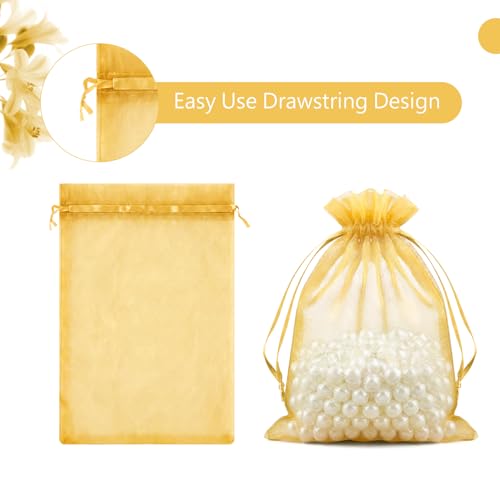 Image of FUNFERY 100Pcs Gold Organza Bags 4x6 in,Small Mesh Drawstring Gift Bag | Little Jewelry Bags for Wedding Party Favors, Mini Drawstring Pouch for Sachet, Candy, Goodie, Treat Bag for Easter Day