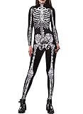 uideazone Women Halloween Costume Skeleton Bodysuit Long Sleeve Bodycon Catsuit One Piece Jumpsuit Clothes Cosplay Costume