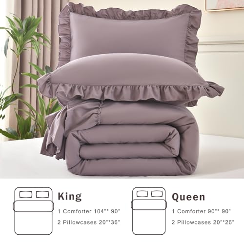 Image of Cupocupa Purple Ruffle King Size Comforter Set, Shabby Chic Boho Bedding Comforter Sets, Fluffy Cozy Bedding Comforters & Sets for All Season, 3PCS Lightweight Farmhouse Rustic Bedding Sets