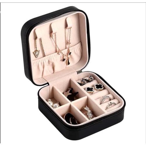 Estojo Portátil para Jóias, Organizador de Viagem em Couro com Zíper, 10cm x 6cm, Compartimentos para Colares, Anéis e Brincos, Preto