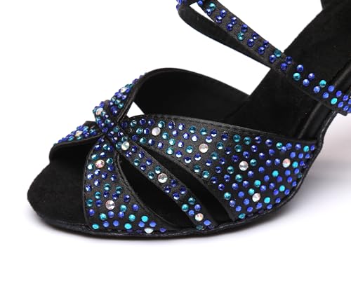 Blue Dance Shoes for Women,Glitter Satin Kitten Heel Salsa Latin Swing Ballroom Shoes with Rhinestones,for Evening/Wedding/Party2
