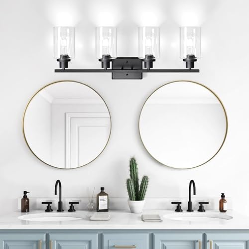 Ascher 4-Light 29.3" Wall Sconces, Modern Vanity Light Fixture with Clear Glass Shade, Black Finish Wall Light for Mirror Bedroom Hallway, E26 Base (Bulbs Not Included) by Ascher - Image 9