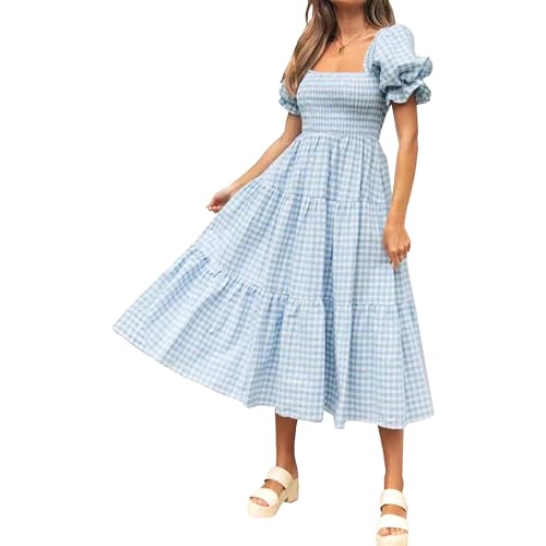 FUNRKLI Gingham-Kleid für Damen, Bohemian-Stil, kariert, Puffärmel, Rüschen, quadratischer Ausschnitt, fließend, für Strand und Urlaub, lässig,...