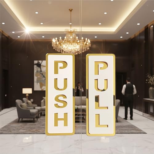 Image of 6 Inch White & Golden Acrylic Push Pull Door Sign, Self Adhesive Door Plate Sticker for Hotel, Office, Business, Resort, Glass & Wooden Doors (Pack of 1 Set)