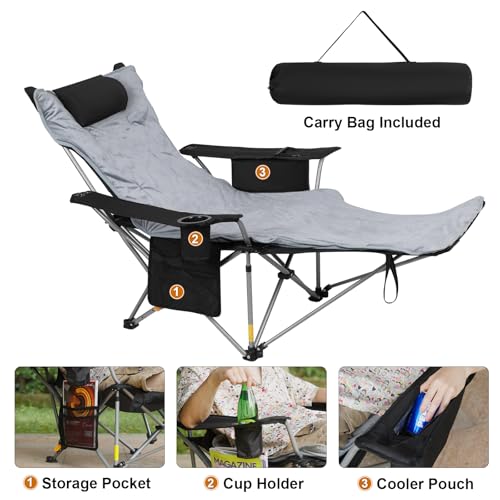 Romswi 2PK 4-Position Reclining Camping Chair with Removable Footrest, Blanket Cotton Cushion, 2-in-1 Adjustable Portable Lounge Chair with Cooler Bag, Cup Holder, Side Pockets & Carry Bag for Outdoor - Thumbnail 6