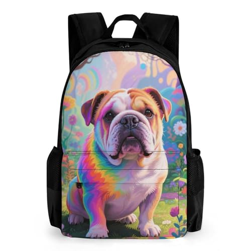Supdreamc Men Women Lightweight Colorful Bulldog Flower Art Backpack Large Capacity Carry On Bag With Padded Straps for Sports Work Walking Cycling