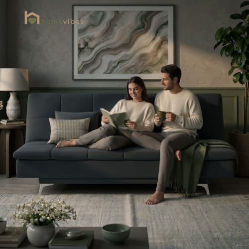 Image of Velum 3 Seater Sofa for Living Room & Office | Premium Fabric Upholstery | Solid Wood Frame | Comfortable Seating | 3 Years Warranty (Dark Grey, Sofa Cum Bed)