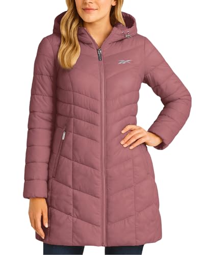 Reebok Womens Puffer Jacket - Lightweight Packable Long Length Quilted Puffer Winter Coat for Women (Also in Plus Size 1X-3X), Size Large, Dark Dusty Rose