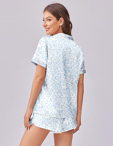 Image of Ekouaer Womens Silk Satin Pajama Set Print Short Sleeve Sleepwear Button Down Pjs Shorts Set Loungewear