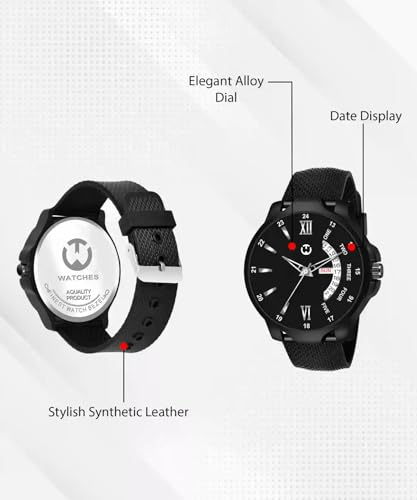 Image of Analog Day and Date Black Dial with Black Silicon Leather Strap for Men's