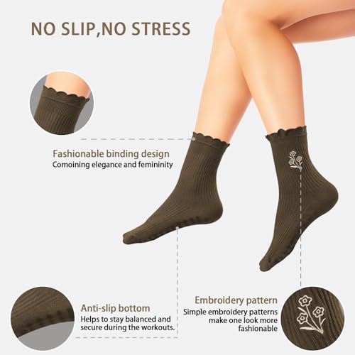 Cute Floral Design Yoga Socks for Women, 4 Pairs Non-Slip Pilates Socks with Ruffled Edge4