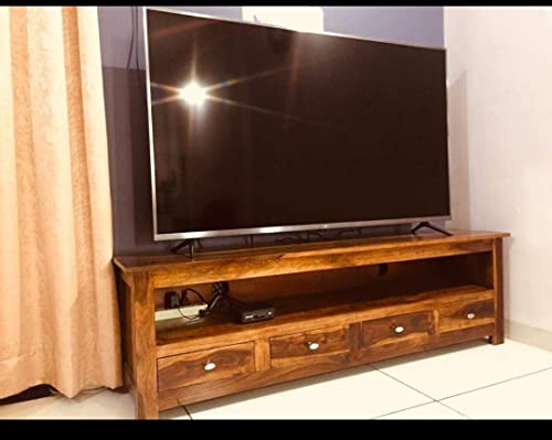 Image of Sheesham Solid Wood TV Cabinet for Living Room | Handcrafted Wooden TV Unit with Storage | Elegant Entertainment Stand for Modern Homes (4 Drawer Tv Cabinet, Teak)