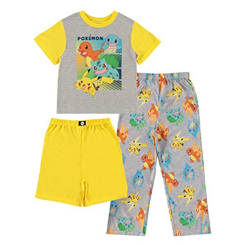 Pokemon Conjunto de pijama Pikachu para niños, pijama de manga corta de 3 piezas, conjunto de pijama de manga corta, pantalones cortos y pantalones, Gris y amarillo, 4