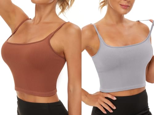 Image of Chilylori Seamless Sports Bra Cropped Tank Top with Adjustable Strap 2 Pack | Workout Tops Ribbed Sports Bra for Women Wireless Longline Crop Tank Padded Comfortable Brami