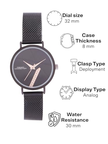 Image of French Connection Sunray Black Round Dial with Black Stainless Steel Mesh Strap Watch - for Womens FCN0137BM