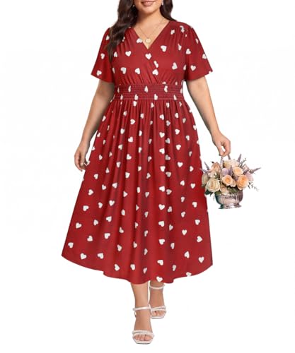 Image of CARCOS Plus Size Dresses for Curvy Women V Neck Summer Maxi Dress Short Sleeve Floral Boho Dress Smocked Waist Beach Dress