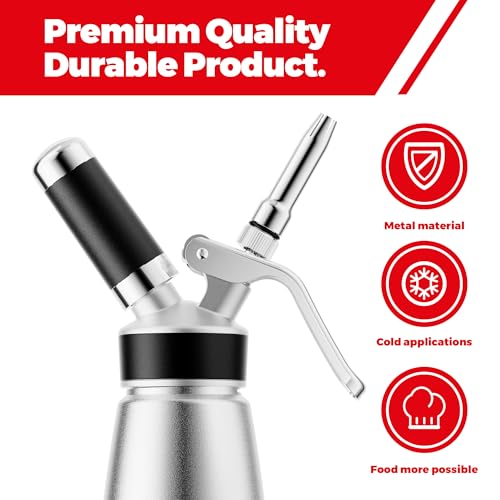 Professional Aluminum Whipped Cream Dispenser - 500 mL/1 Pint,Leak-Free Whipped Cream Maker Canister with 8 Decorating Nozzles & Cleaning Brush - N2O Chargers (Not Included) (Silver, 500ml)