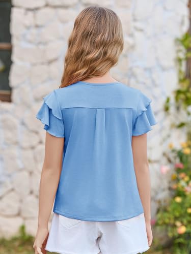 Image of Haloumoning Girls Pleated Ruffle Short Sleeve Shirts Kids Summer Crewneck T-Shirts Fashion Tops Tees 5-14 Years