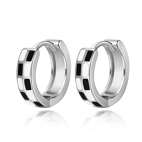 Cute Checker Small Hoop Earrings for Women Cartilage Dainty Sterling Silver Plated Black White Enamel Round Circle Huggie Hoops Hypoallergenic Hooped Fashion Trendy Jewelry Gifts 10mm