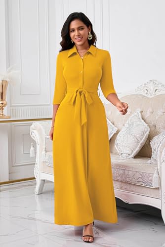Image of Runwind Women Church Maxi Dresses 3 /4 Sleeve Button Down Print Casual Office Dress African