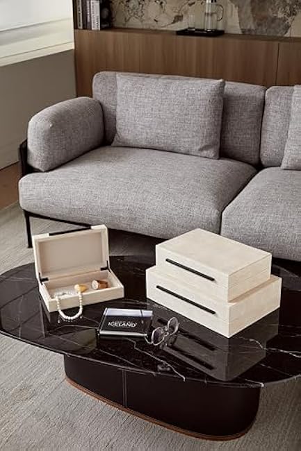 Ivory Shagreen Decorative Boxes with Lids Set of 3 - Large Leather Stacking Storage Boxes for Home Decor, Black Metal Handle Remote Control Box, Modern Jewelry Box for Shelves, Coffee Table