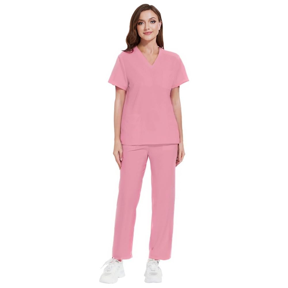 Scrubs DK77 - Conjunto de uniforme médico con cuello en V y 8 bolsillos funcionales y pantalones con pierna recta, cintura elástica, color rosa XL