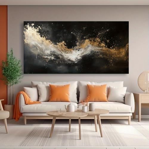 Toile abstraite noire et dorée 70x140 cm pour salon moderne