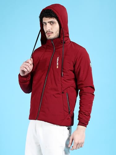 Image of The Indian Garage Co Men Black Regular Fit Solid Hooded Bomber Jacket