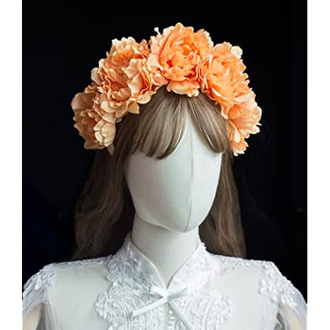 Ansuma Artificial Chrysanthemum Flower Crown Headband, Orange and Yellow Floral Headpiece for Day of the Dead Chrysanthemum Halloween Wedding Festival Cosplay Party (Orange) Cover