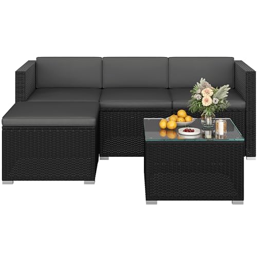 Yaheetech 5er Gartenmöbel Set Balkonmöbel Set aus PE-Rattan Wetterfest Terassenmöbel Außen mit 2 Ecksofa & Sofa & Stuhl & Beistelltisch & Sitzkissen für Garten/Balkon/Terrasse, Schwarz & Grau