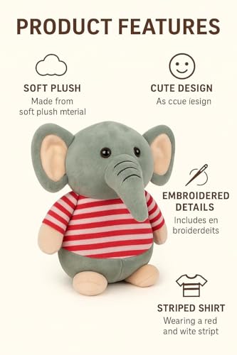 Image of Fun4you Plush Elephant Stuffed Animal Toy with Blue Striped T-Shirt, Soft Toy for Kids, Grey (red)