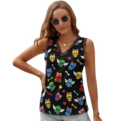 Fashion V Neck Sleeveless Tops for Women, Soft Loose Lace Trim Tank Top, Elegant Basic Tees Versatile Blouses for Formal, Casual, Black Colorful Love Hearts Funny Skulls, (2XL)