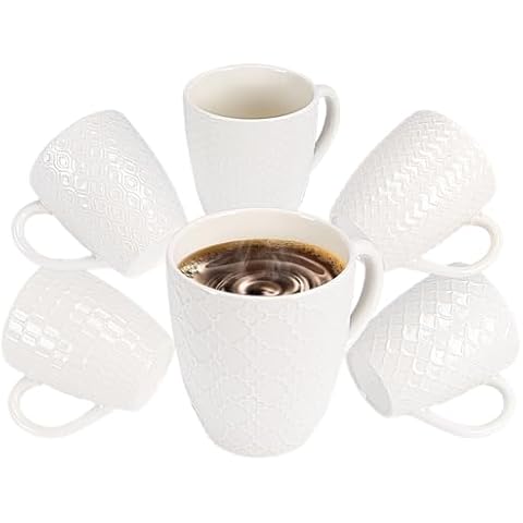 Hoikwo Cream White Coffee Mugs Set of 6, Ceramic Cup Set, 12 oz Artistic Drinkware for Coffee, Tea, and Beverages, Family Pack of 6 Unique Patterns, Microwave Safe and Dishwasher Safe Cover