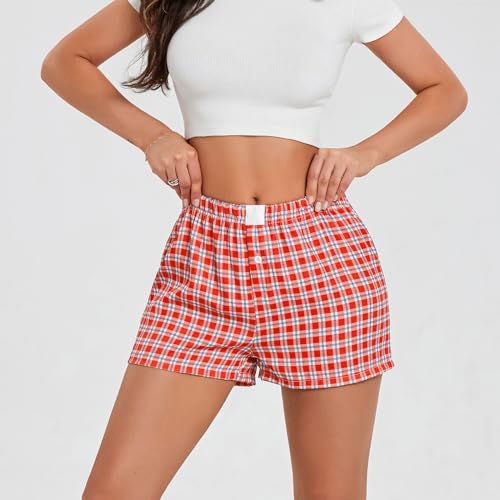 Image of Yuemengxuan Y2k Plaid Shorts Baggy Boxer Shorts for Women Elastic Waist Casual Lounge Bottom Gingham Pajama Shorts Sleepwear