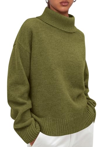 PRETTYGARDEN Womens Turtleneck Long Sleeve Sweater 2026 Fall Trendy Loose Fit Casual Tops Chunky Knit Pullover Sweaters (Olive Green,Medium)
